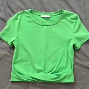ZARA LIKE NEW Green Twist-Front Crop Tee